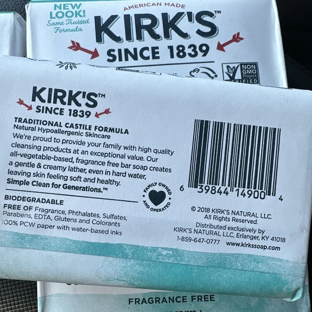 Fragrance Free Gentle Castile Bar Soap by Kirk's Natural‎ 4 oz bar 4 Bars Total